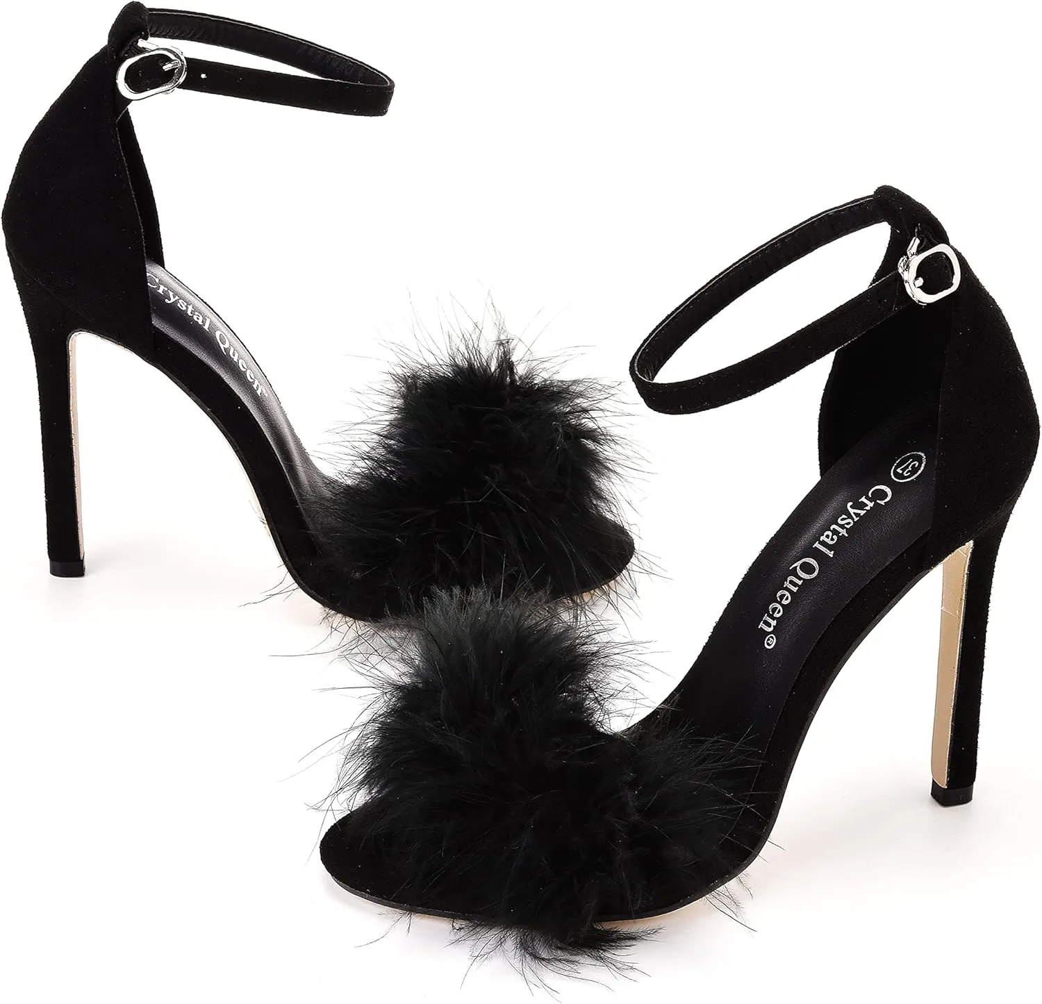 Crystal Queen Size 12 Women's Open Toe Ankle Strap Fluffy Feather Stiletto Heels Sandals Dress Sandal Party Evening High Heel Pump Shoes