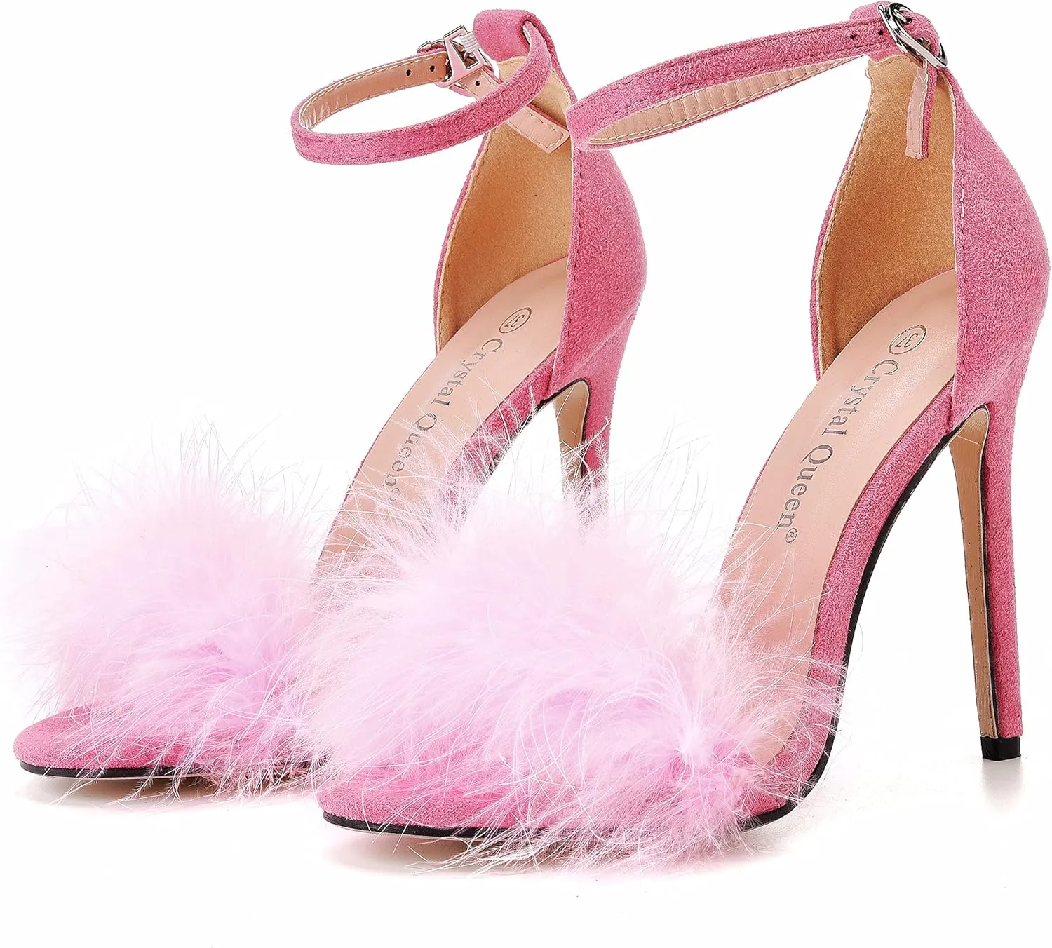 Crystal Queen Size 12 Women's Open Toe Ankle Strap Fluffy Feather Stiletto Heels Sandals Dress Sandal Party Evening High Heel Pump Shoes