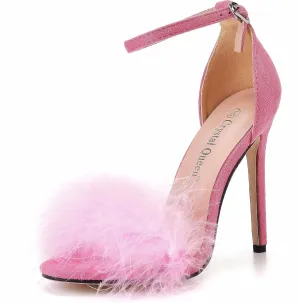 Crystal Queen Size 12 Women's Open Toe Ankle Strap Fluffy Feather Stiletto Heels Sandals Dress Sandal Party Evening High Heel Pump Shoes