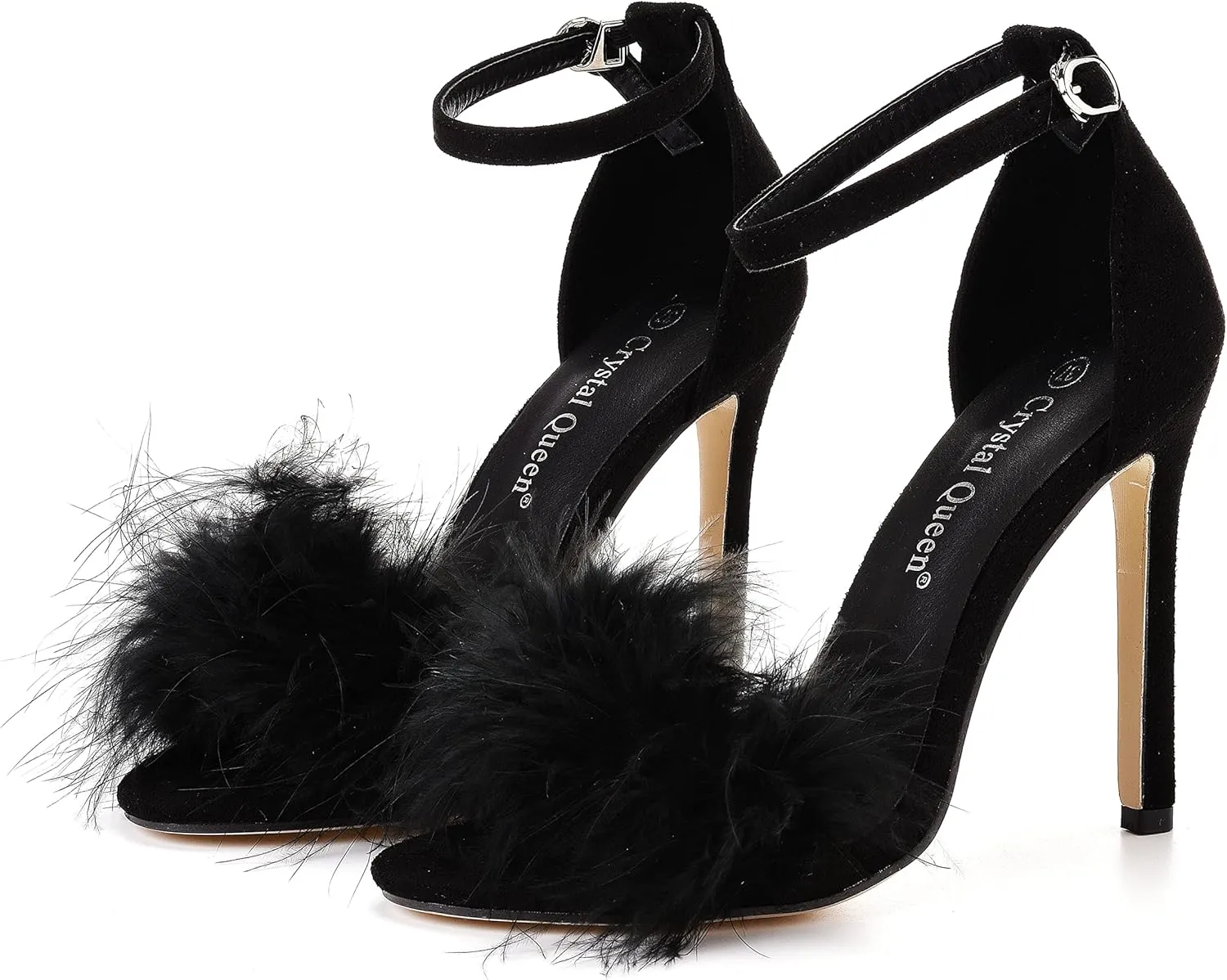 Crystal Queen Size 12 Women's Open Toe Ankle Strap Fluffy Feather Stiletto Heels Sandals Dress Sandal Party Evening High Heel Pump Shoes