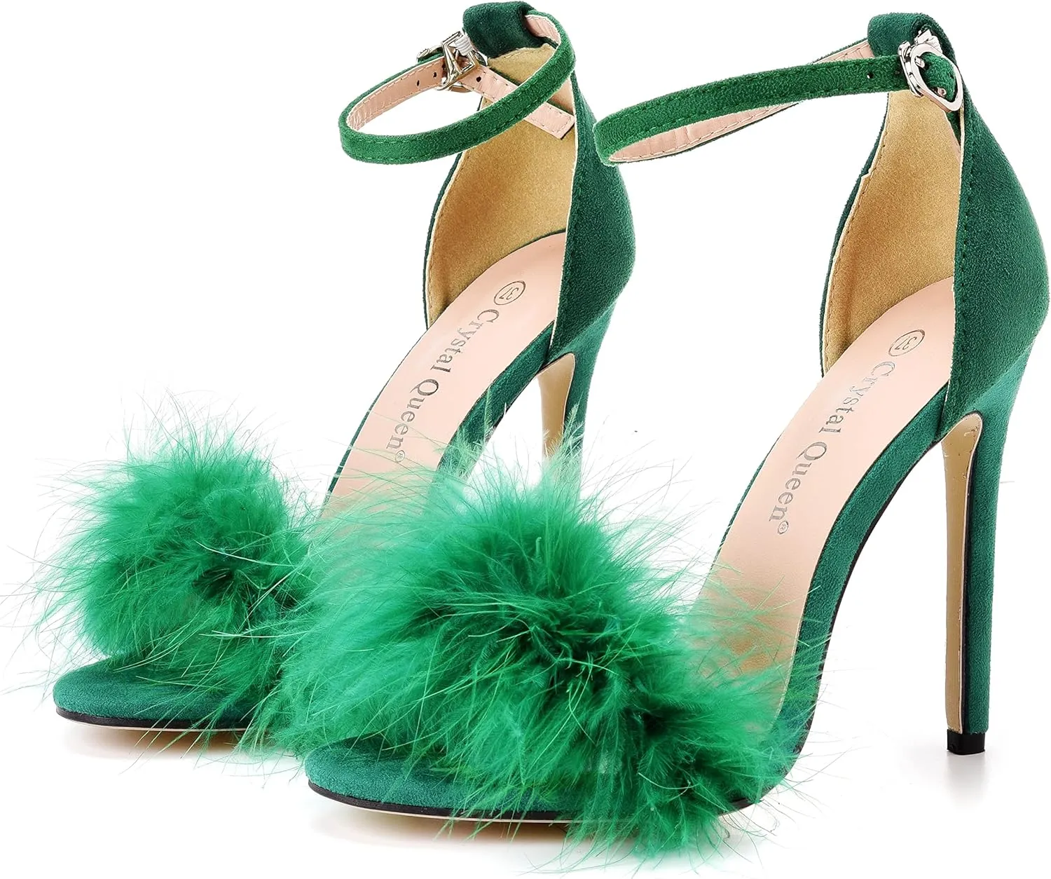 Crystal Queen Size 12 Women's Open Toe Ankle Strap Fluffy Feather Stiletto Heels Sandals Dress Sandal Party Evening High Heel Pump Shoes