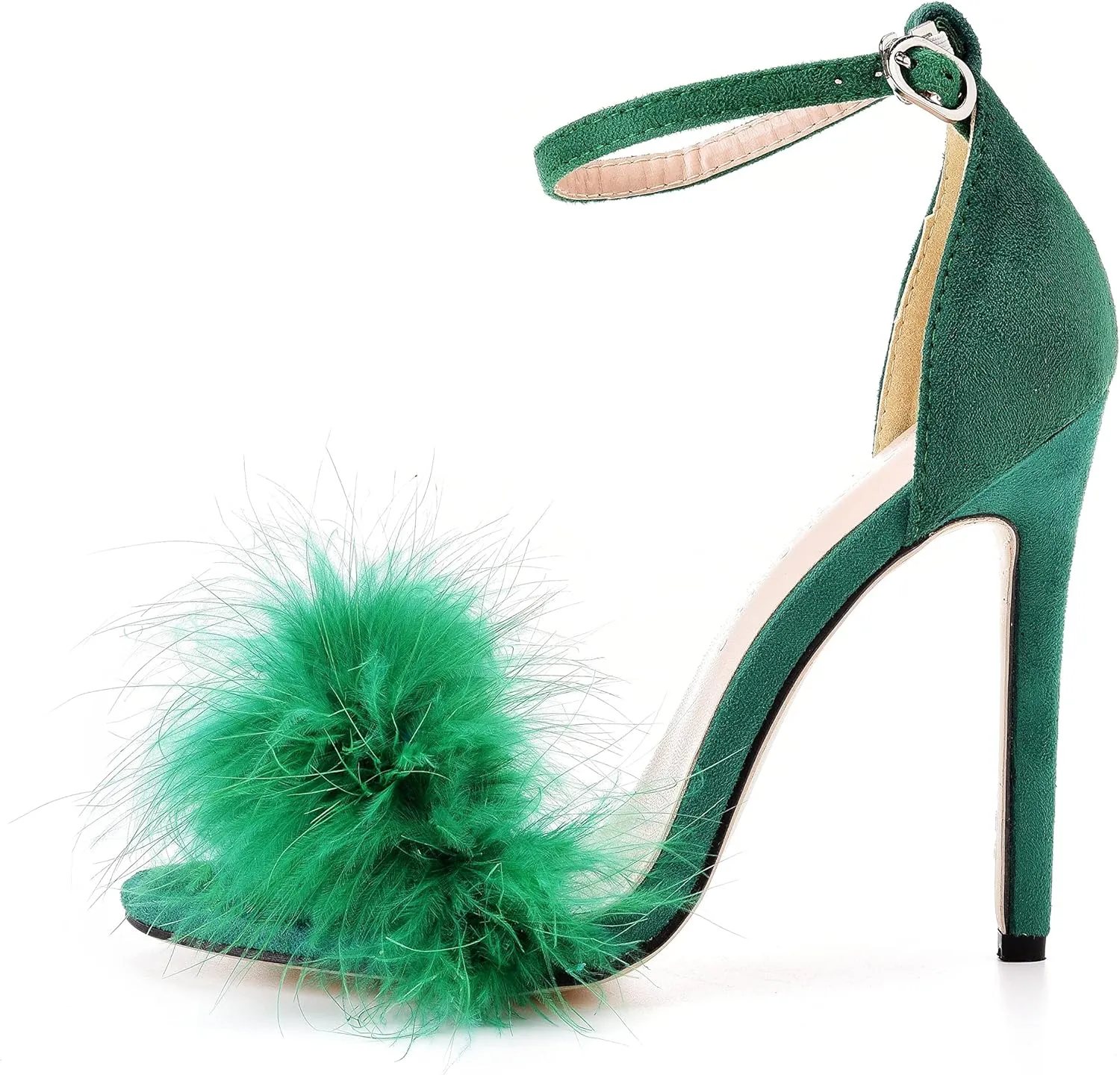 Crystal Queen Size 12 Women's Open Toe Ankle Strap Fluffy Feather Stiletto Heels Sandals Dress Sandal Party Evening High Heel Pump Shoes