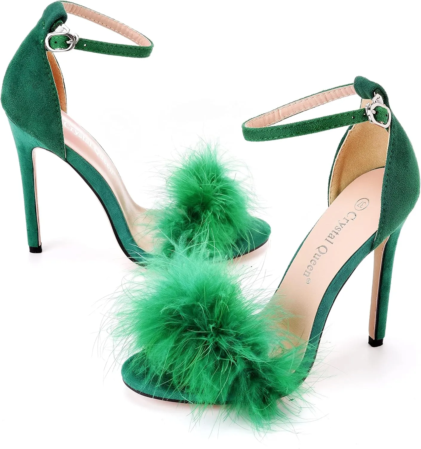 Crystal Queen Size 12 Women's Open Toe Ankle Strap Fluffy Feather Stiletto Heels Sandals Dress Sandal Party Evening High Heel Pump Shoes