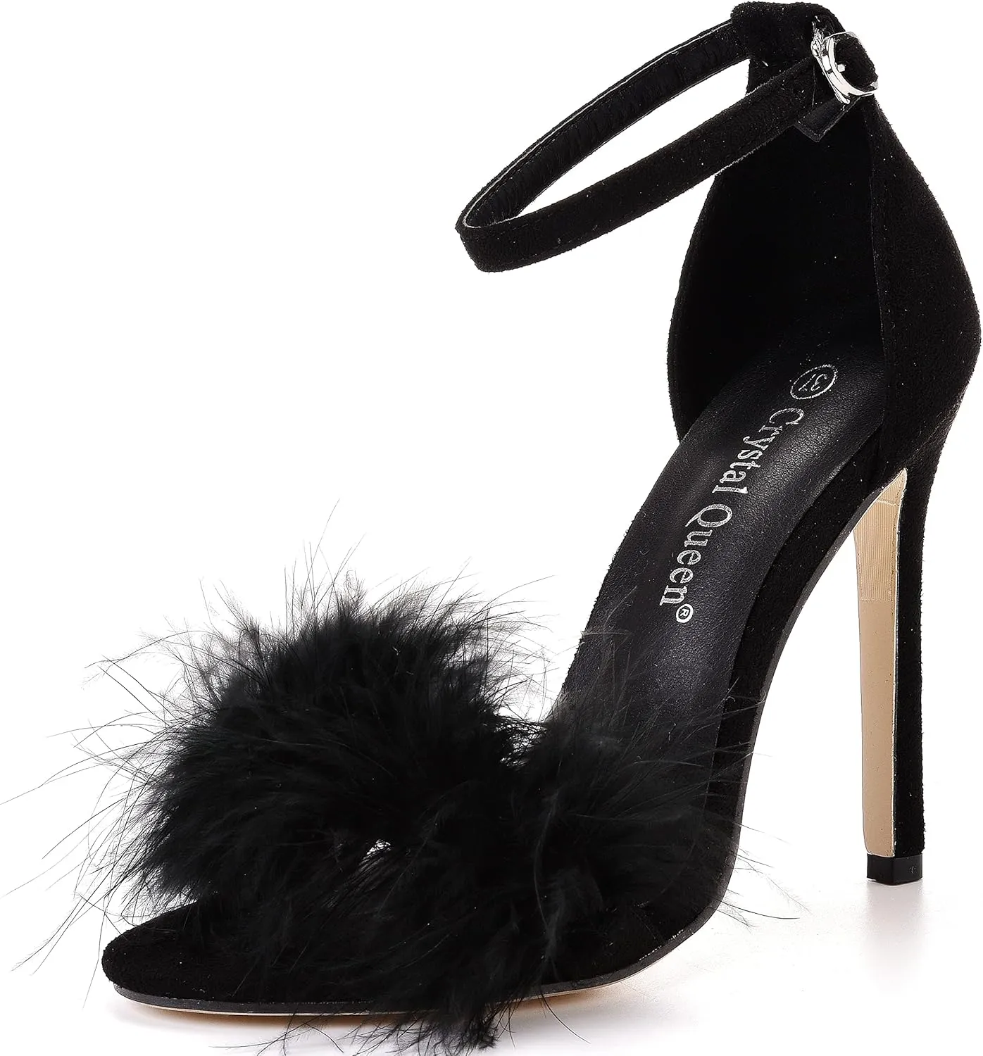 Crystal Queen Size 12 Women's Open Toe Ankle Strap Fluffy Feather Stiletto Heels Sandals Dress Sandal Party Evening High Heel Pump Shoes
