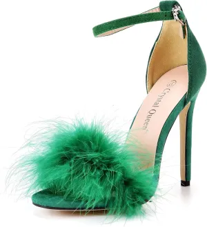 Crystal Queen Size 12 Women's Open Toe Ankle Strap Fluffy Feather Stiletto Heels Sandals Dress Sandal Party Evening High Heel Pump Shoes