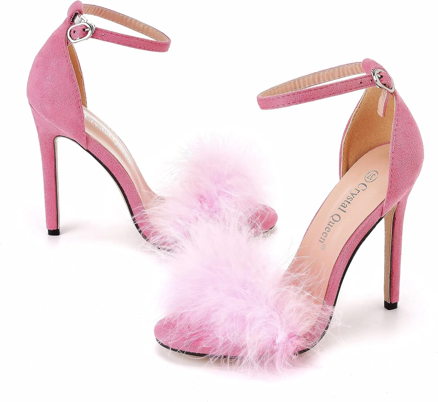 Crystal Queen Size 12 Women's Open Toe Ankle Strap Fluffy Feather Stiletto Heels Sandals Dress Sandal Party Evening High Heel Pump Shoes