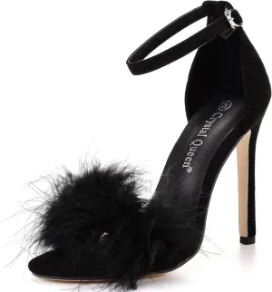 Crystal Queen Size 12 Women's Open Toe Ankle Strap Fluffy Feather Stiletto Heels Sandals Dress Sandal Party Evening High Heel Pump Shoes