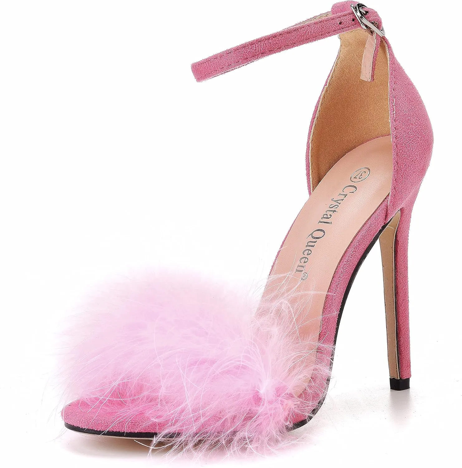 Crystal Queen Size 12 Women's Open Toe Ankle Strap Fluffy Feather Stiletto Heels Sandals Dress Sandal Party Evening High Heel Pump Shoes