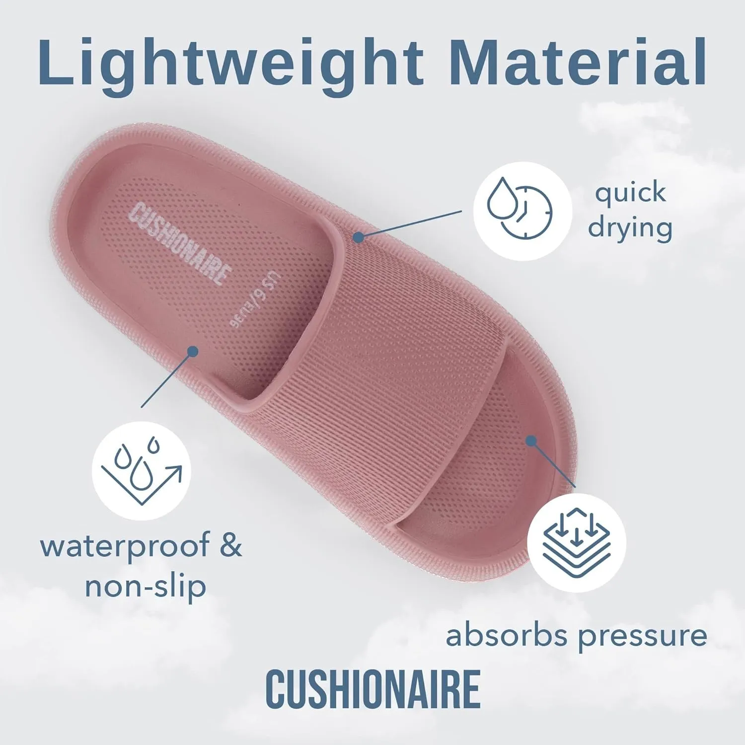 CUSHIONAIRE Feather Slides – Comfortable Cloud Cushion House Slippers for Women, Indoor Outdoor EVA Foam Foot Spa Shower Shoes, Non-Slip Arch Support