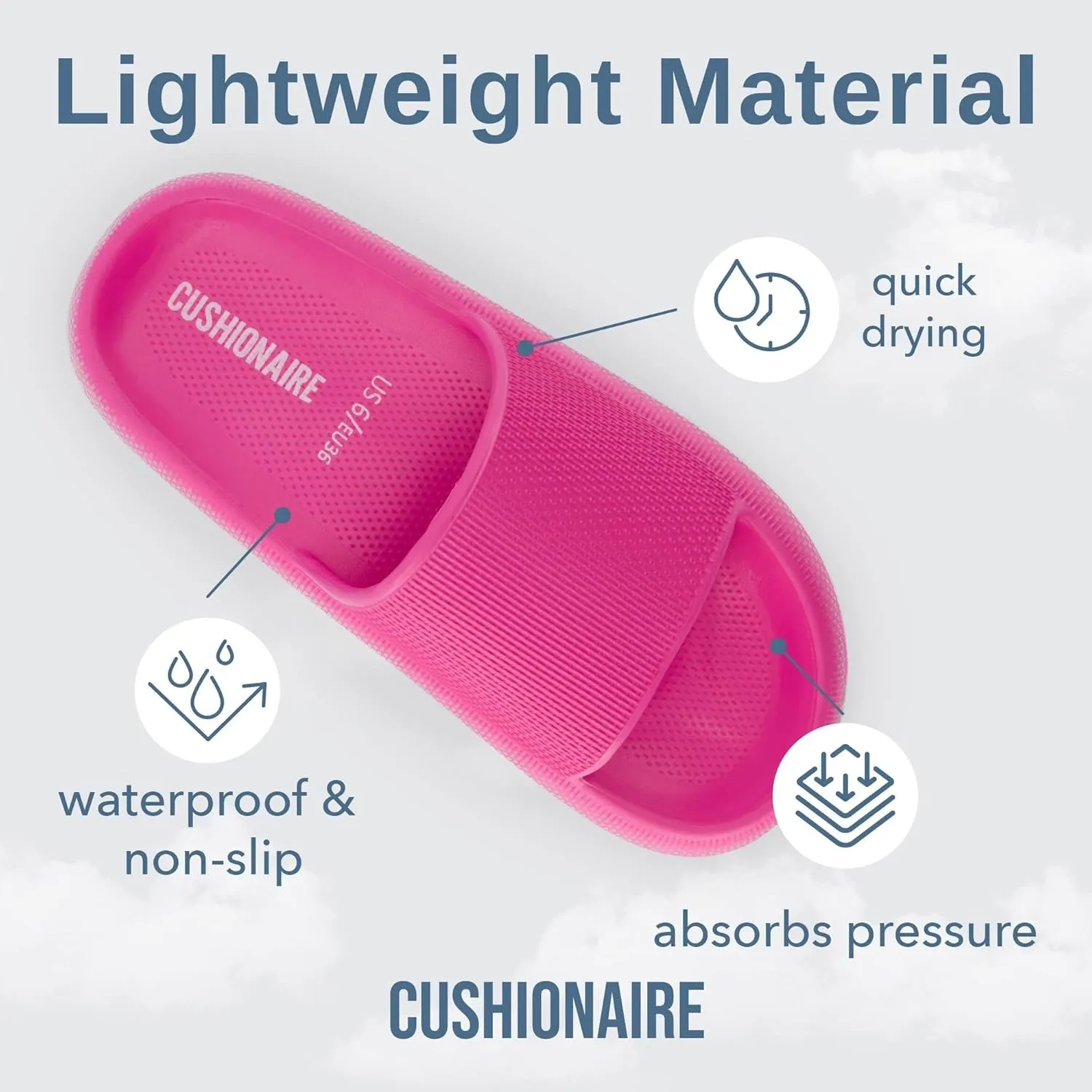 CUSHIONAIRE Feather Slides – Comfortable Cloud Cushion House Slippers for Women, Indoor Outdoor EVA Foam Foot Spa Shower Shoes, Non-Slip Arch Support