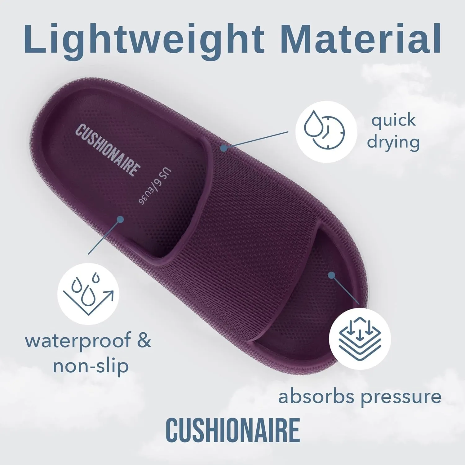 CUSHIONAIRE Feather Slides – Comfortable Cloud Cushion House Slippers for Women, Indoor Outdoor EVA Foam Foot Spa Shower Shoes, Non-Slip Arch Support