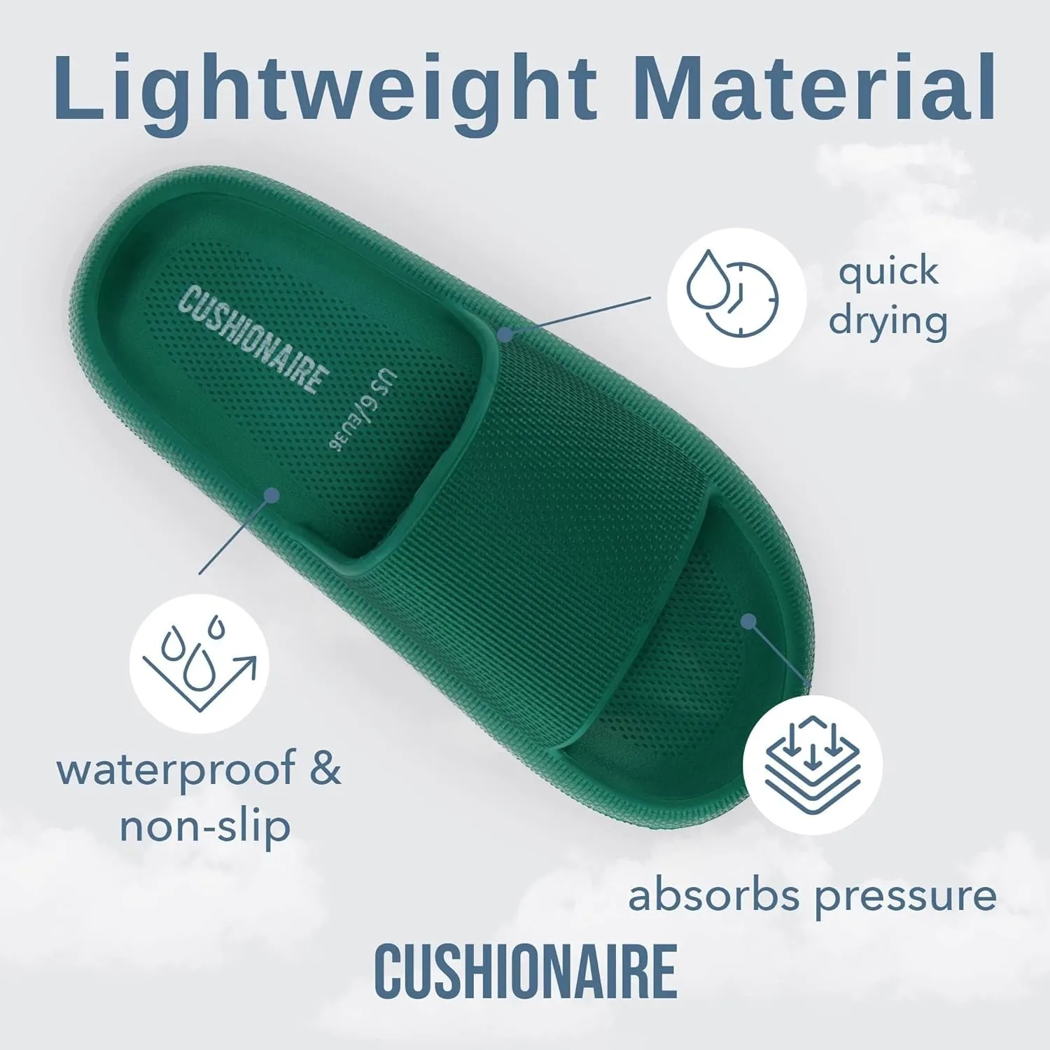 CUSHIONAIRE Feather Slides – Comfortable Cloud Cushion House Slippers for Women, Indoor Outdoor EVA Foam Foot Spa Shower Shoes, Non-Slip Arch Support