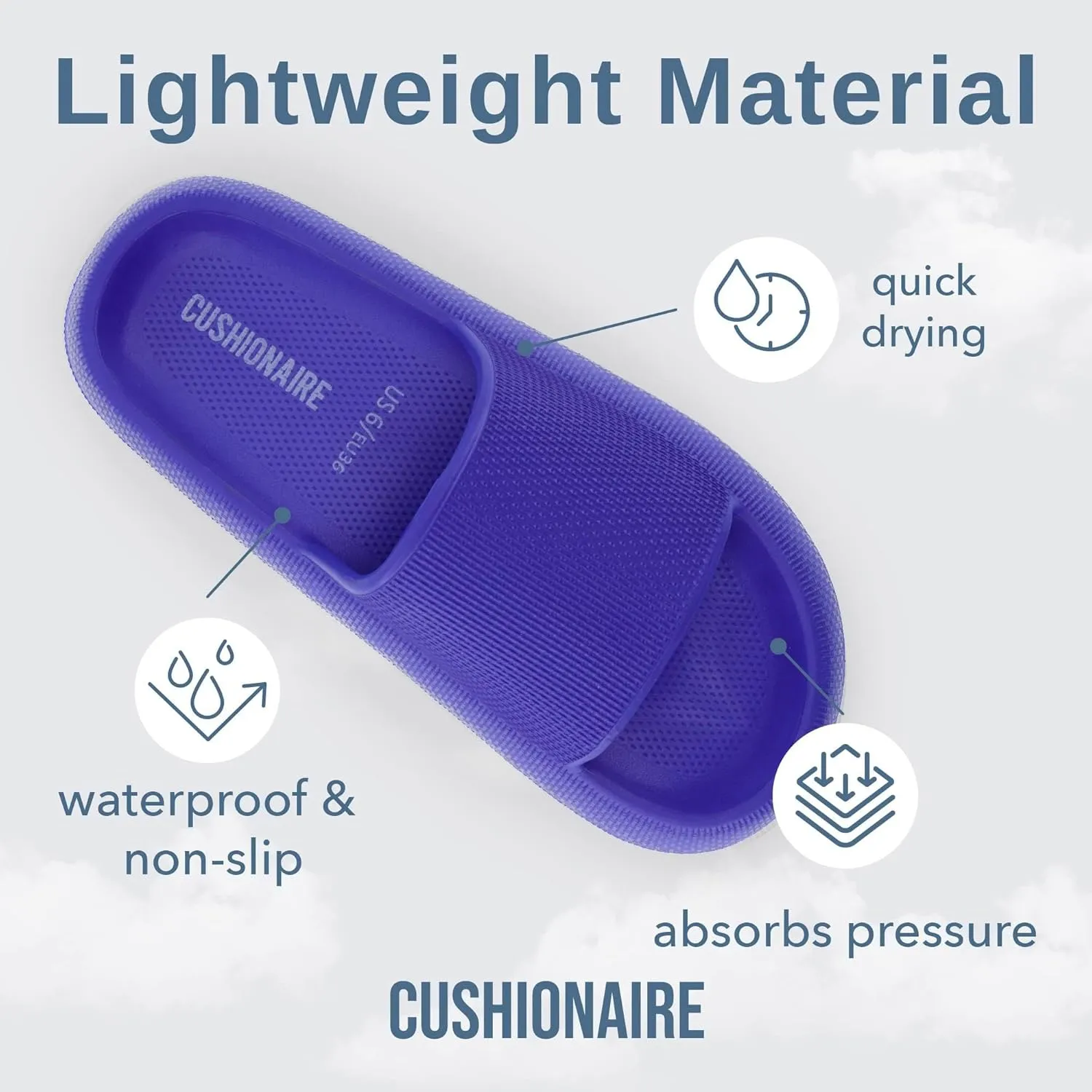 CUSHIONAIRE Feather Slides – Comfortable Cloud Cushion House Slippers for Women, Indoor Outdoor EVA Foam Foot Spa Shower Shoes, Non-Slip Arch Support