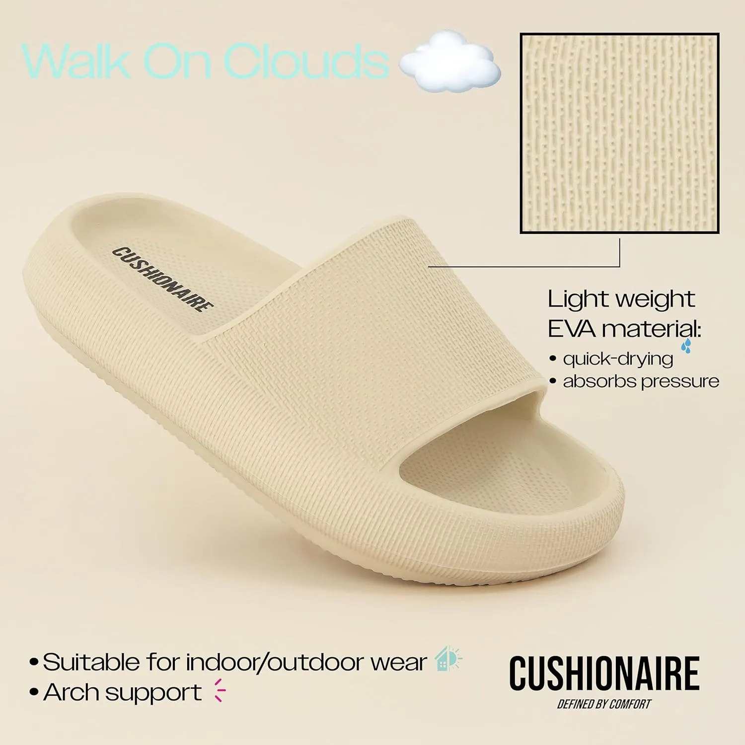 CUSHIONAIRE Feather Slides – Comfortable Cloud Cushion House Slippers for Women, Indoor Outdoor EVA Foam Foot Spa Shower Shoes, Non-Slip Arch Support