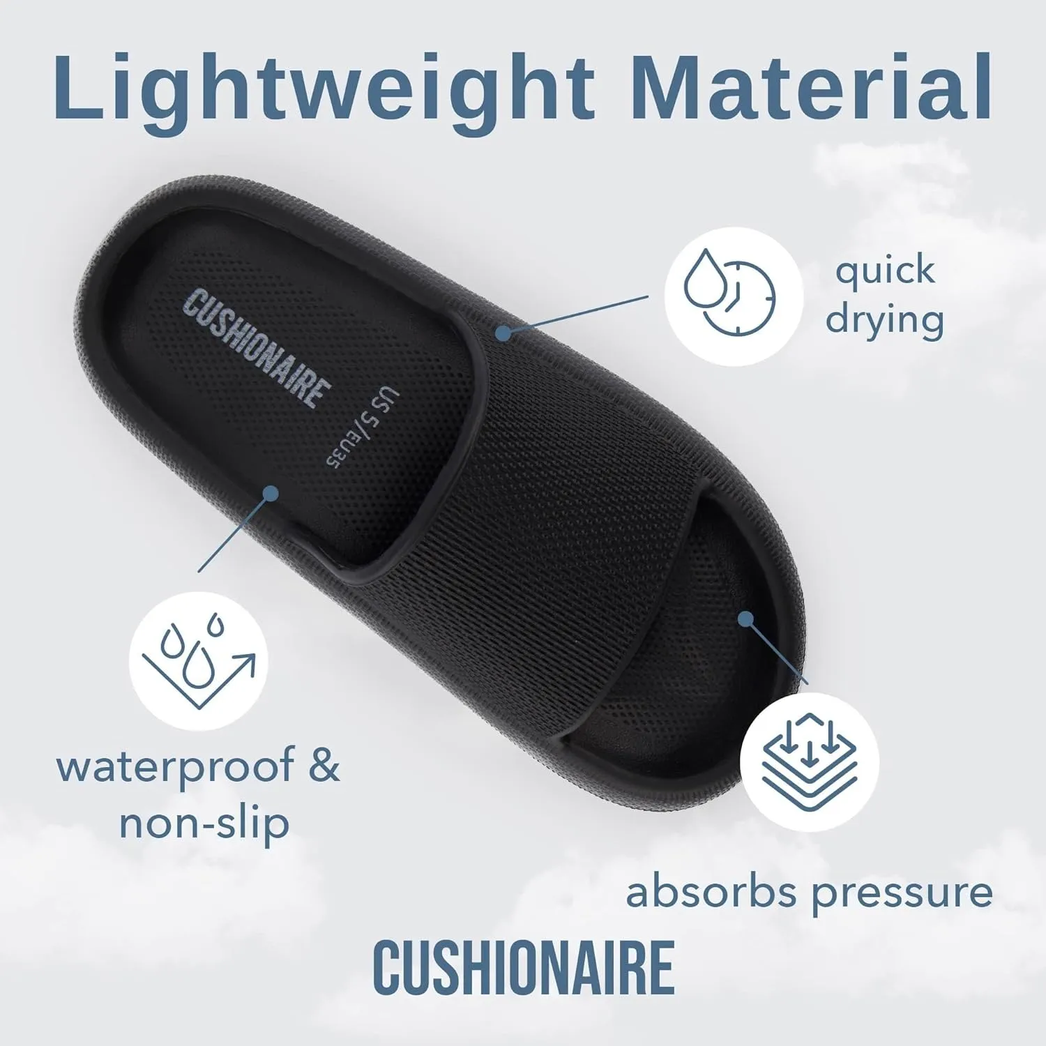 CUSHIONAIRE Feather Slides – Comfortable Cloud Cushion House Slippers for Women, Indoor Outdoor EVA Foam Foot Spa Shower Shoes, Non-Slip Arch Support