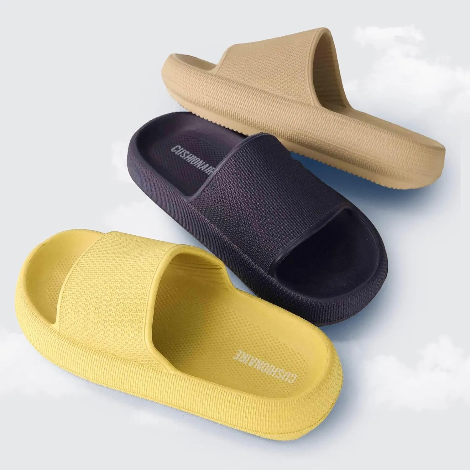 CUSHIONAIRE Feather Slides – Comfortable Cloud Cushion House Slippers for Women, Indoor Outdoor EVA Foam Foot Spa Shower Shoes, Non-Slip Arch Support