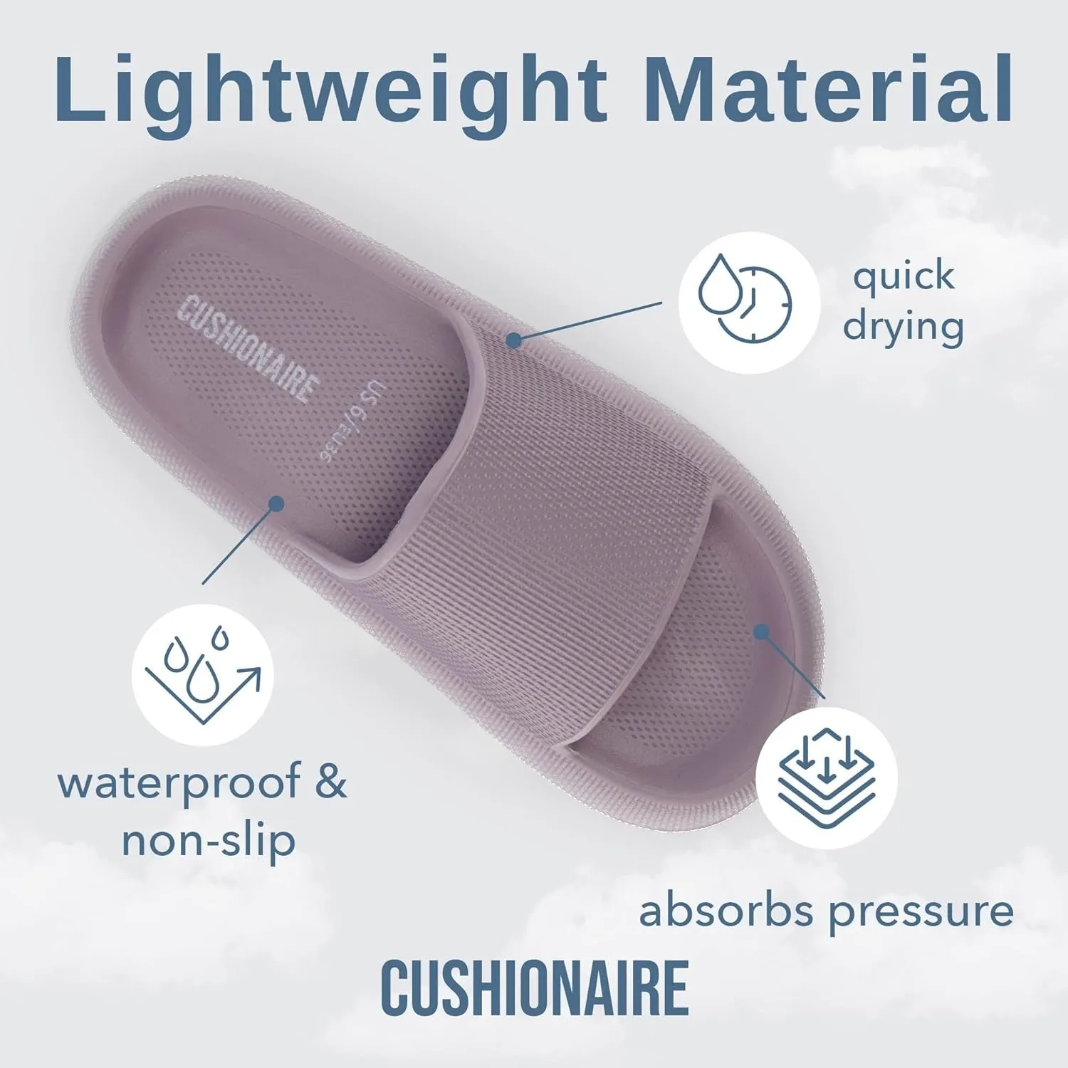 CUSHIONAIRE Feather Slides – Comfortable Cloud Cushion House Slippers for Women, Indoor Outdoor EVA Foam Foot Spa Shower Shoes, Non-Slip Arch Support