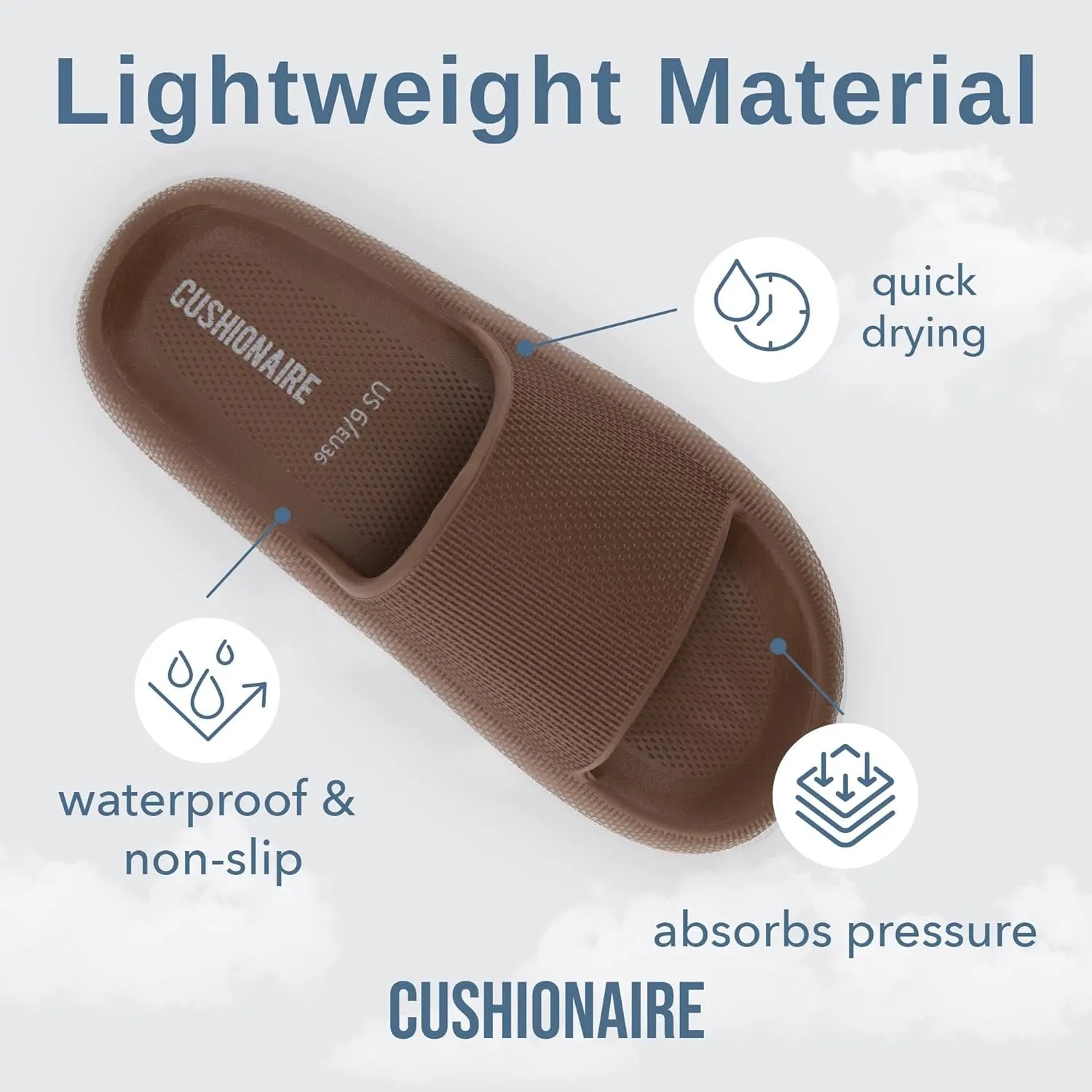 CUSHIONAIRE Feather Slides – Comfortable Cloud Cushion House Slippers for Women, Indoor Outdoor EVA Foam Foot Spa Shower Shoes, Non-Slip Arch Support