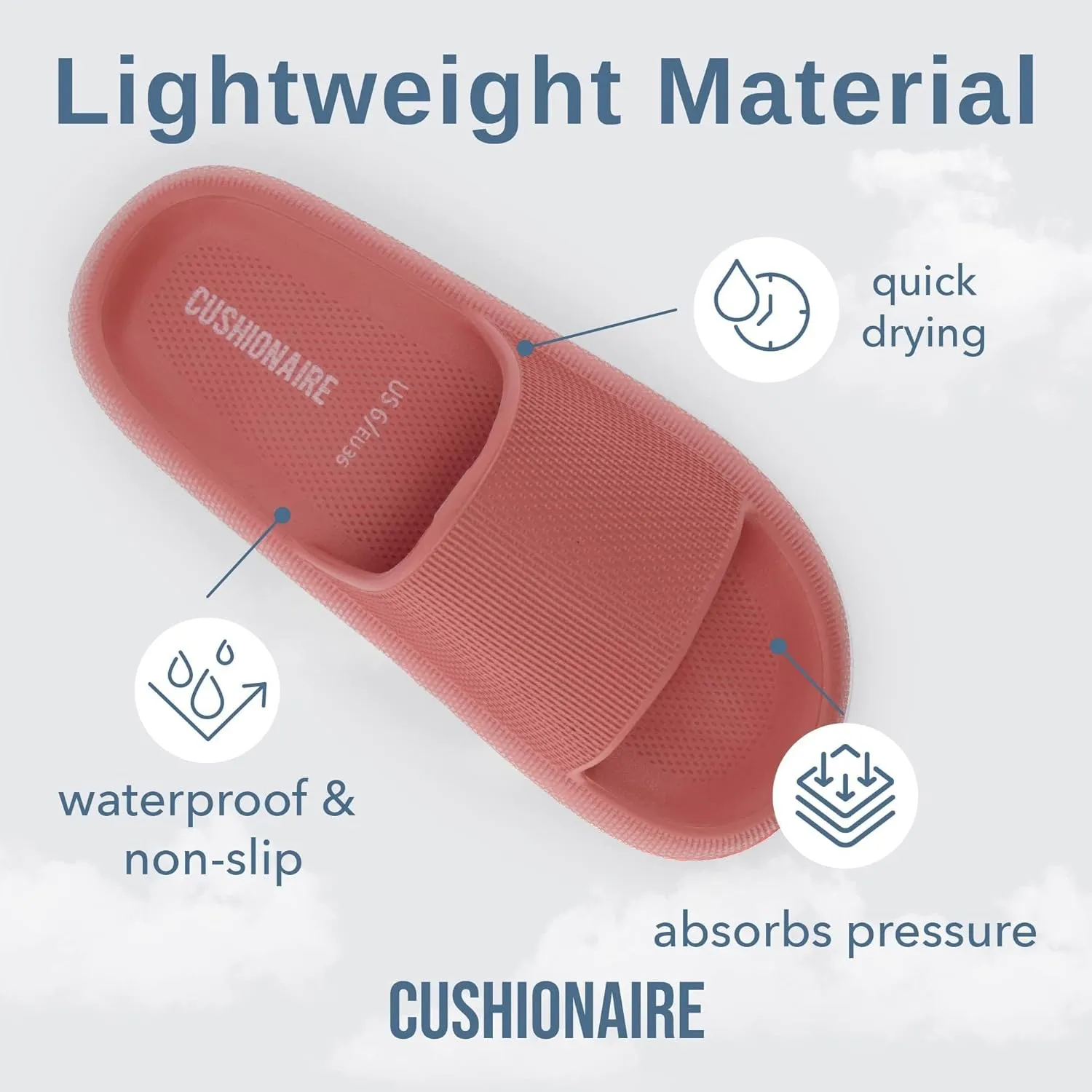 CUSHIONAIRE Feather Slides – Comfortable Cloud Cushion House Slippers for Women, Indoor Outdoor EVA Foam Foot Spa Shower Shoes, Non-Slip Arch Support