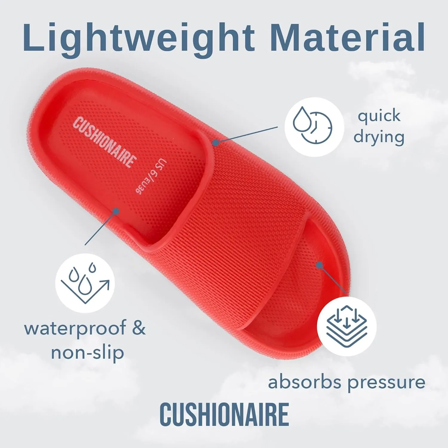 CUSHIONAIRE Feather Slides – Comfortable Cloud Cushion House Slippers for Women, Indoor Outdoor EVA Foam Foot Spa Shower Shoes, Non-Slip Arch Support