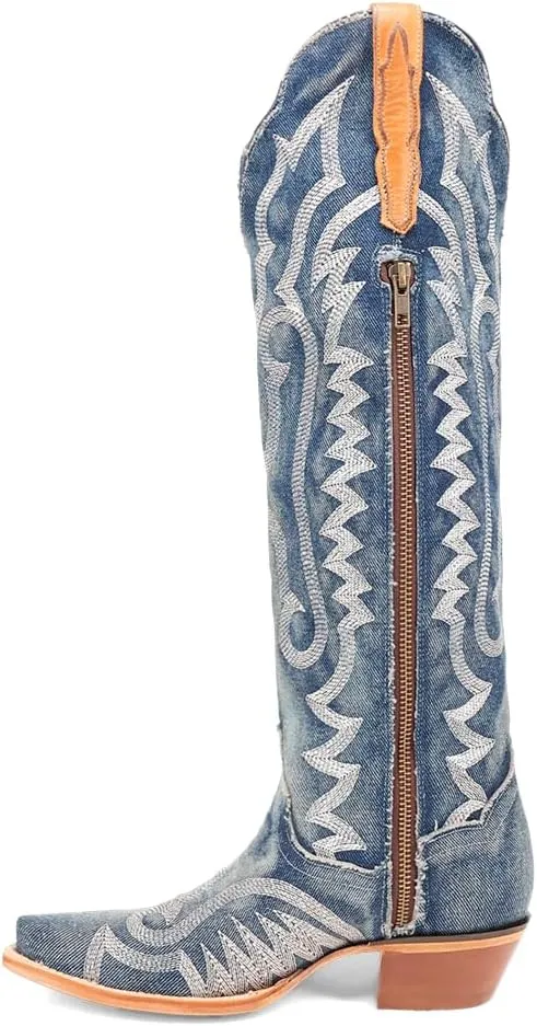 Dan Post Boots Womens Denim Darlin Snip Toe Casual Boots Mid Calf Low Heel 1-2" - Blue