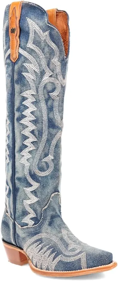 Dan Post Boots Womens Denim Darlin Snip Toe Casual Boots Mid Calf Low Heel 1-2" - Blue