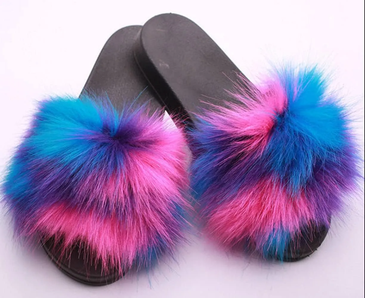 DAYISS Women Faux Fox Fur Slippers Summer Feather Open Toe Single Strap Slip On Sandals