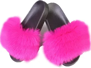 DAYISS Women Faux Fox Fur Slippers Summer Feather Open Toe Single Strap Slip On Sandals