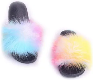 DAYISS Women Faux Fox Fur Slippers Summer Feather Open Toe Single Strap Slip On Sandals