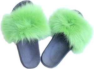 DAYISS Women Faux Fox Fur Slippers Summer Feather Open Toe Single Strap Slip On Sandals