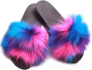 DAYISS Women Faux Fox Fur Slippers Summer Feather Open Toe Single Strap Slip On Sandals