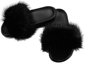 DAYISS Women Faux Fox Fur Slippers Summer Feather Open Toe Single Strap Slip On Sandals