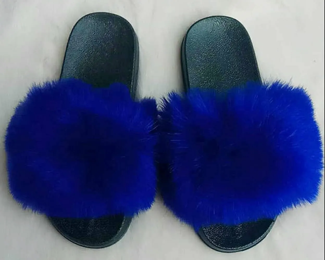 DAYISS Women Faux Fox Fur Slippers Summer Feather Open Toe Single Strap Slip On Sandals