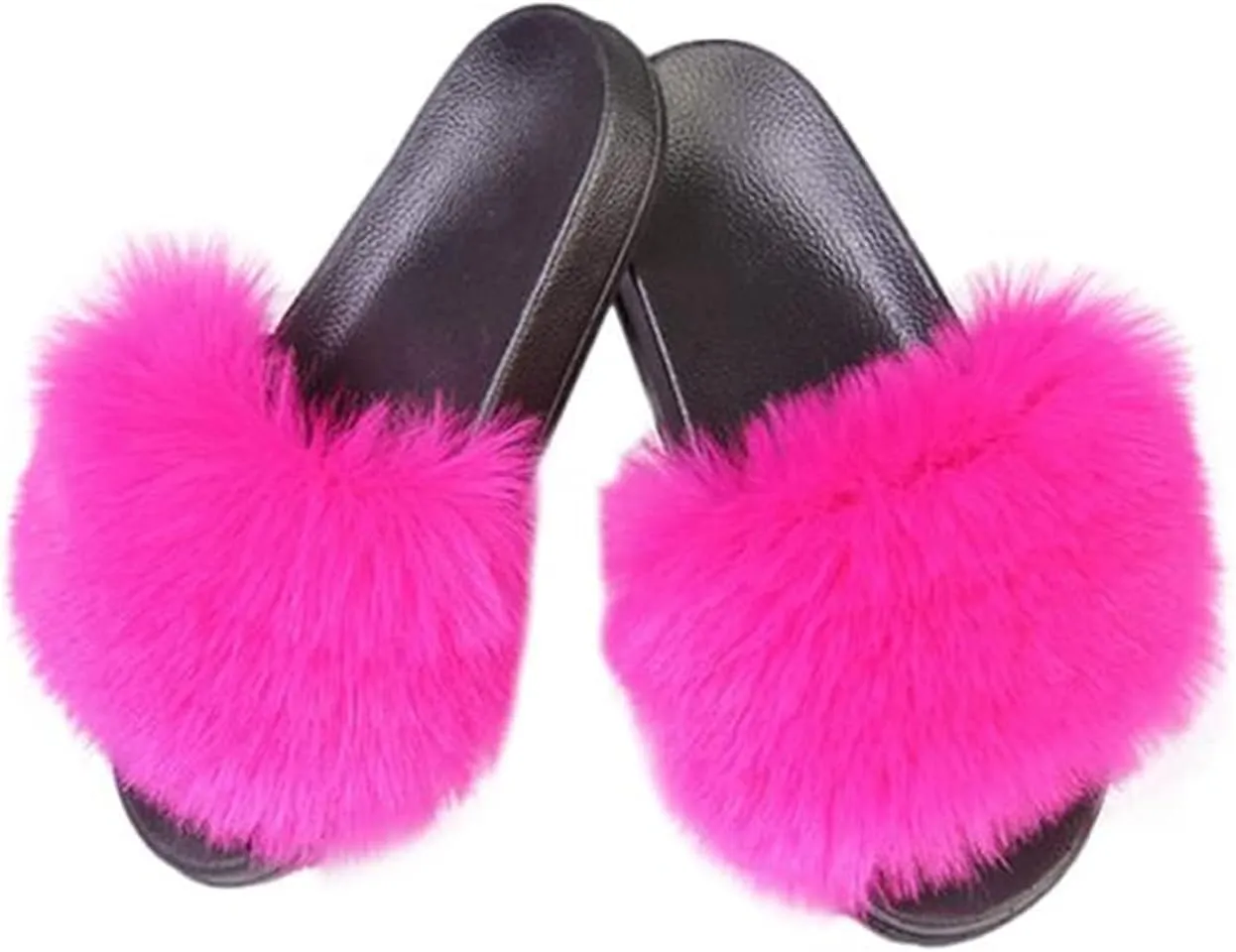 DAYISS Women Faux Fox Fur Slippers Summer Feather Open Toe Single Strap Slip On Sandals