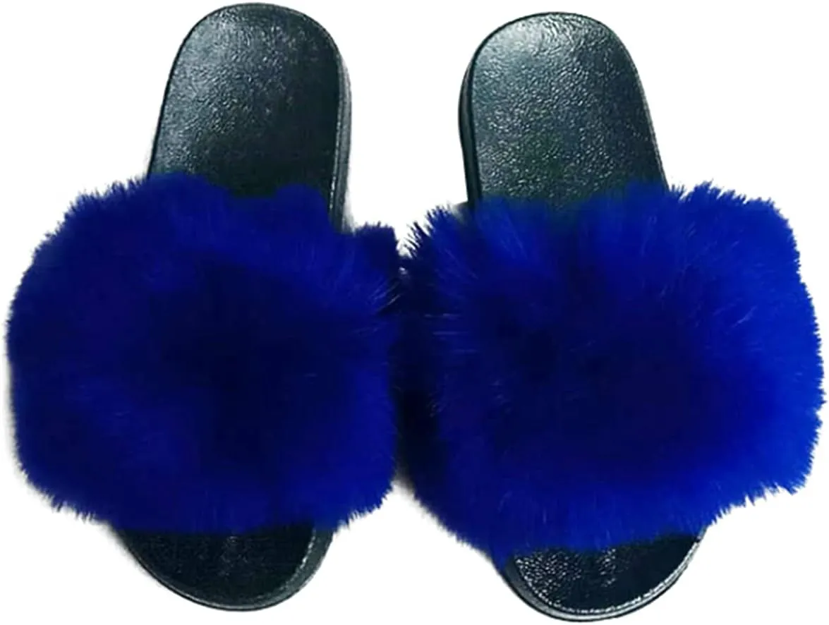 DAYISS Women Faux Fox Fur Slippers Summer Feather Open Toe Single Strap Slip On Sandals