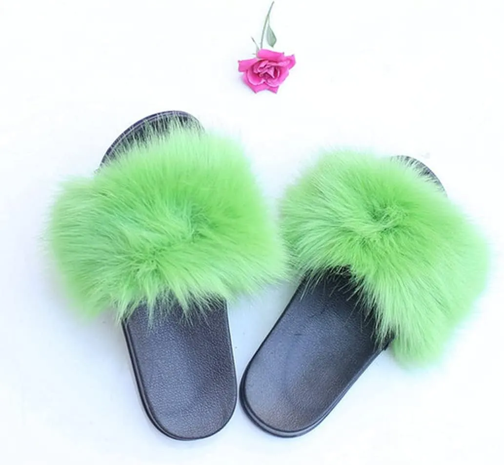 DAYISS Women Faux Fox Fur Slippers Summer Feather Open Toe Single Strap Slip On Sandals