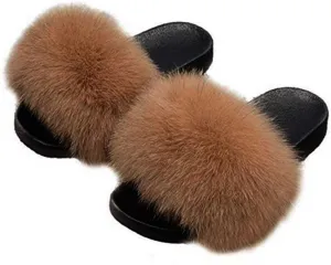 DAYISS Women Real Fox Fur Slippers Summer Feather Open Toe Single Strap Slip On Sandals