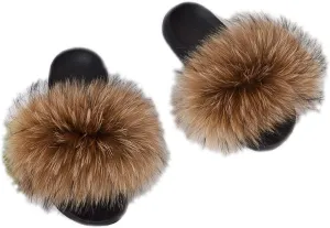 DAYISS Women Real Fox Fur Slippers Summer Feather Open Toe Single Strap Slip On Sandals