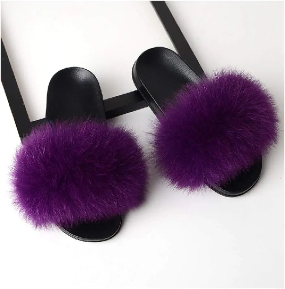 DAYISS Women Real Fox Fur Slippers Summer Feather Open Toe Single Strap Slip On Sandals