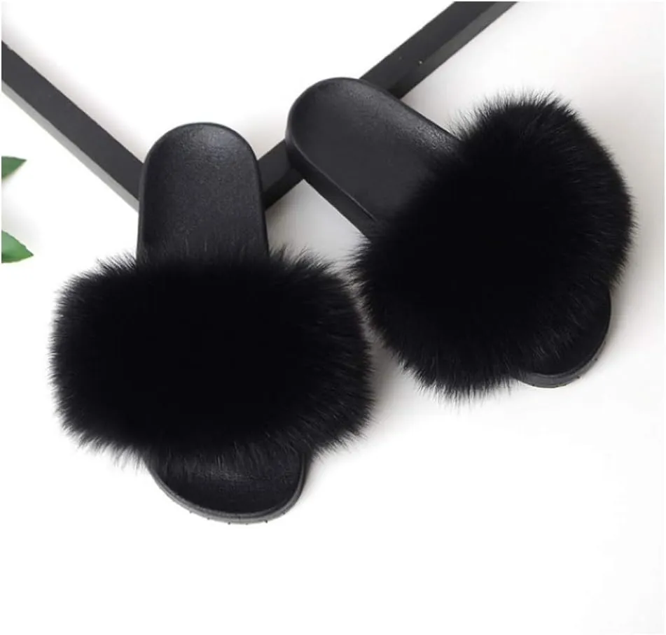 DAYISS Women Real Fox Fur Slippers Summer Feather Open Toe Single Strap Slip On Sandals