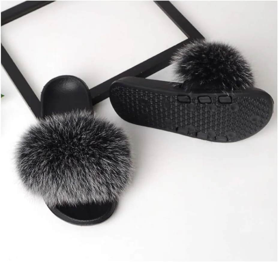 DAYISS Women Real Fox Fur Slippers Summer Feather Open Toe Single Strap Slip On Sandals
