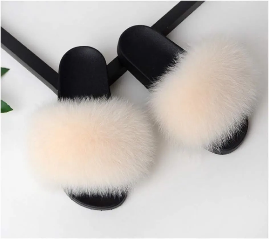 DAYISS Women Real Fox Fur Slippers Summer Feather Open Toe Single Strap Slip On Sandals