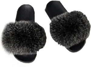 DAYISS Women Real Fox Fur Slippers Summer Feather Open Toe Single Strap Slip On Sandals