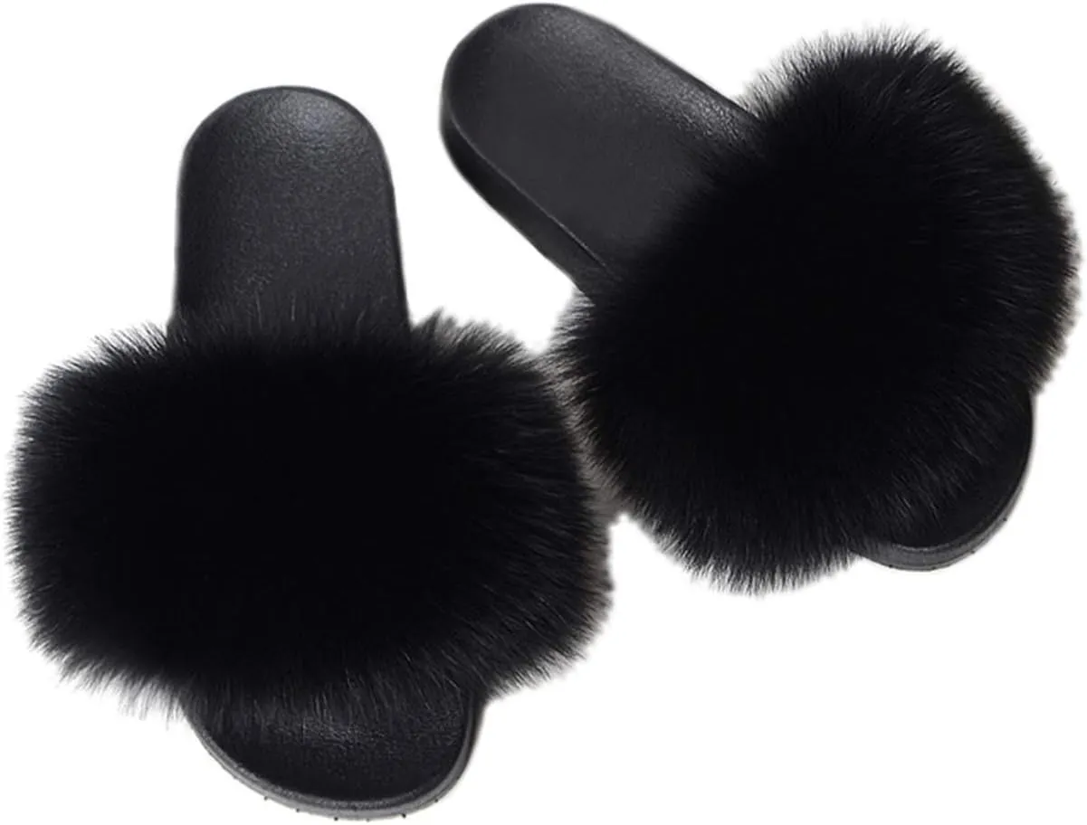DAYISS Women Real Fox Fur Slippers Summer Feather Open Toe Single Strap Slip On Sandals
