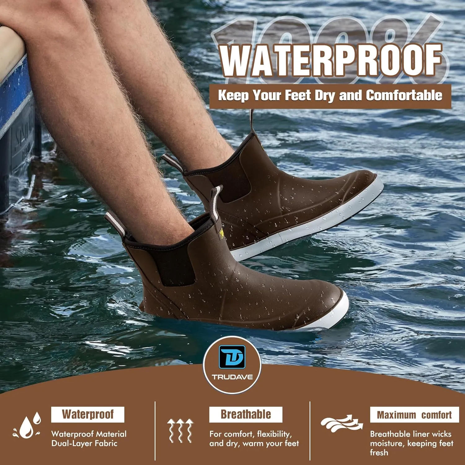 Deck Boots for Men, Men's Waterproof Insulated Reliable Rain Boots, Anti-Slip Ankle Rubber Boots with High-Traction for Fishing Boating, Size 6-14