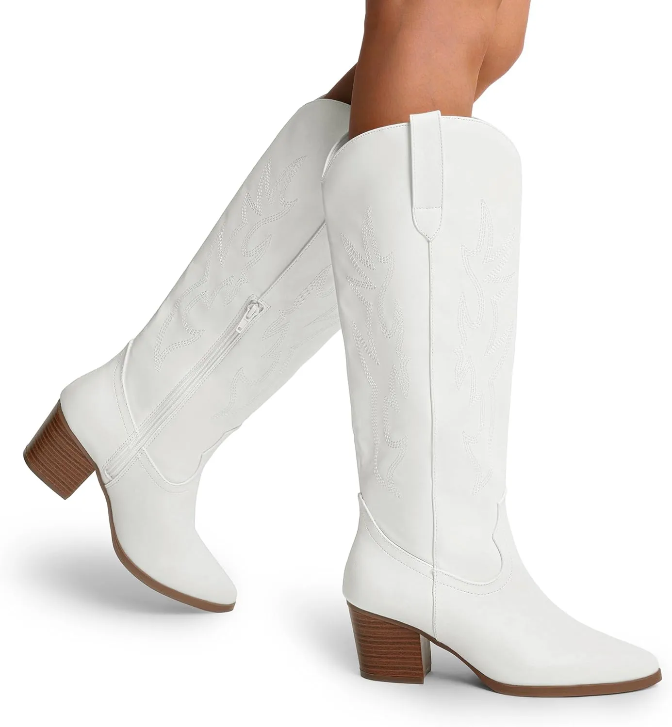 DREAM PAIRS Cowboy Boots for Women Cowgirl Knee High Boots Comfortable Pull On Zipper Chunky Heel Pointed Toe Embroidered Western Boots
