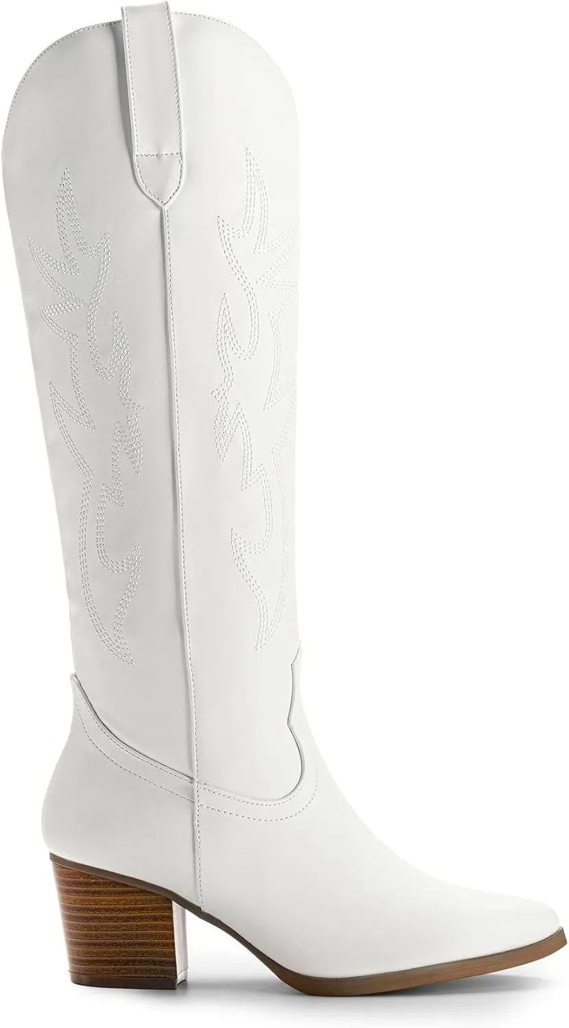 DREAM PAIRS Cowboy Boots for Women Cowgirl Knee High Boots Comfortable Pull On Zipper Chunky Heel Pointed Toe Embroidered Western Boots