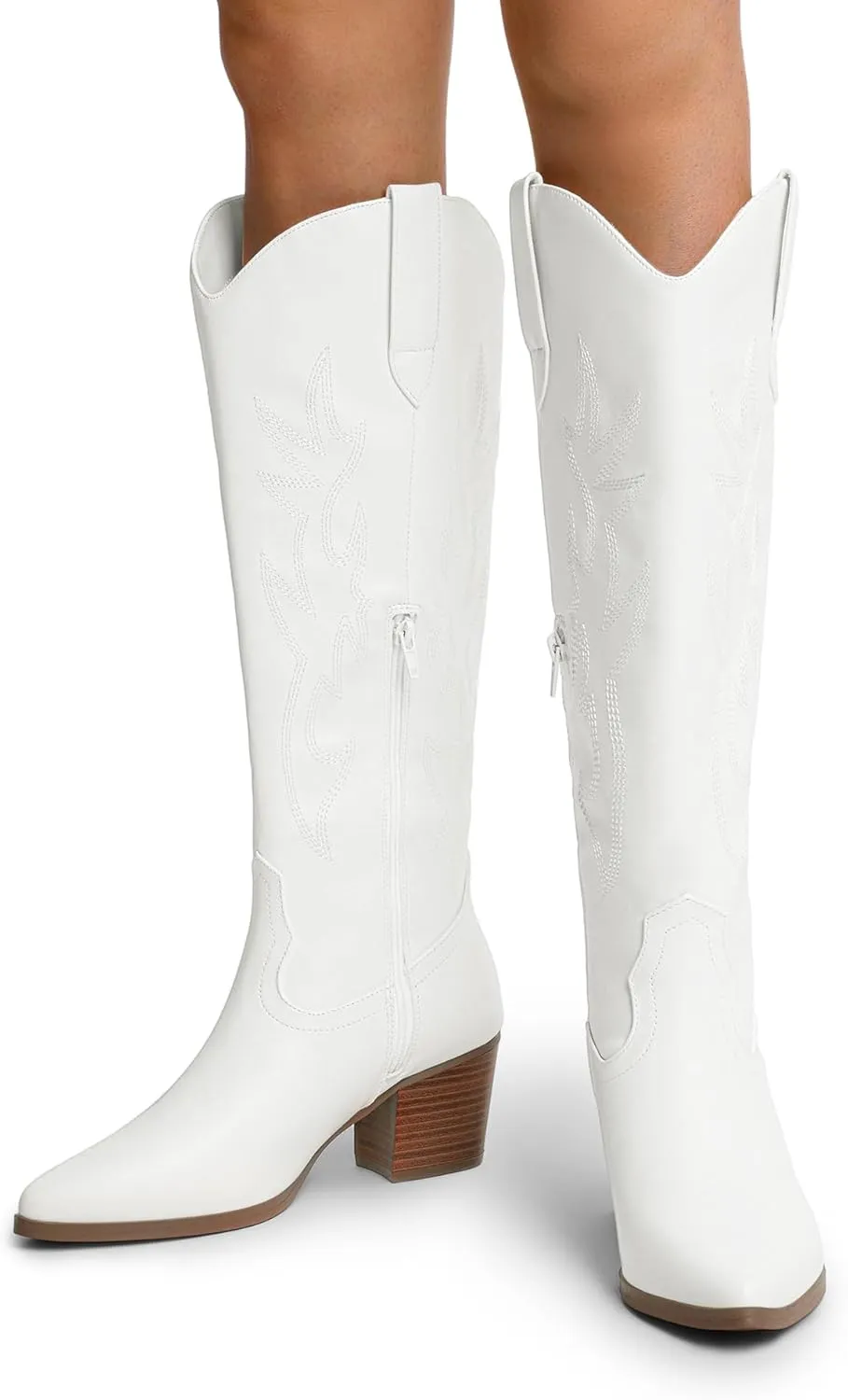 DREAM PAIRS Cowboy Boots for Women Cowgirl Knee High Boots Comfortable Pull On Zipper Chunky Heel Pointed Toe Embroidered Western Boots