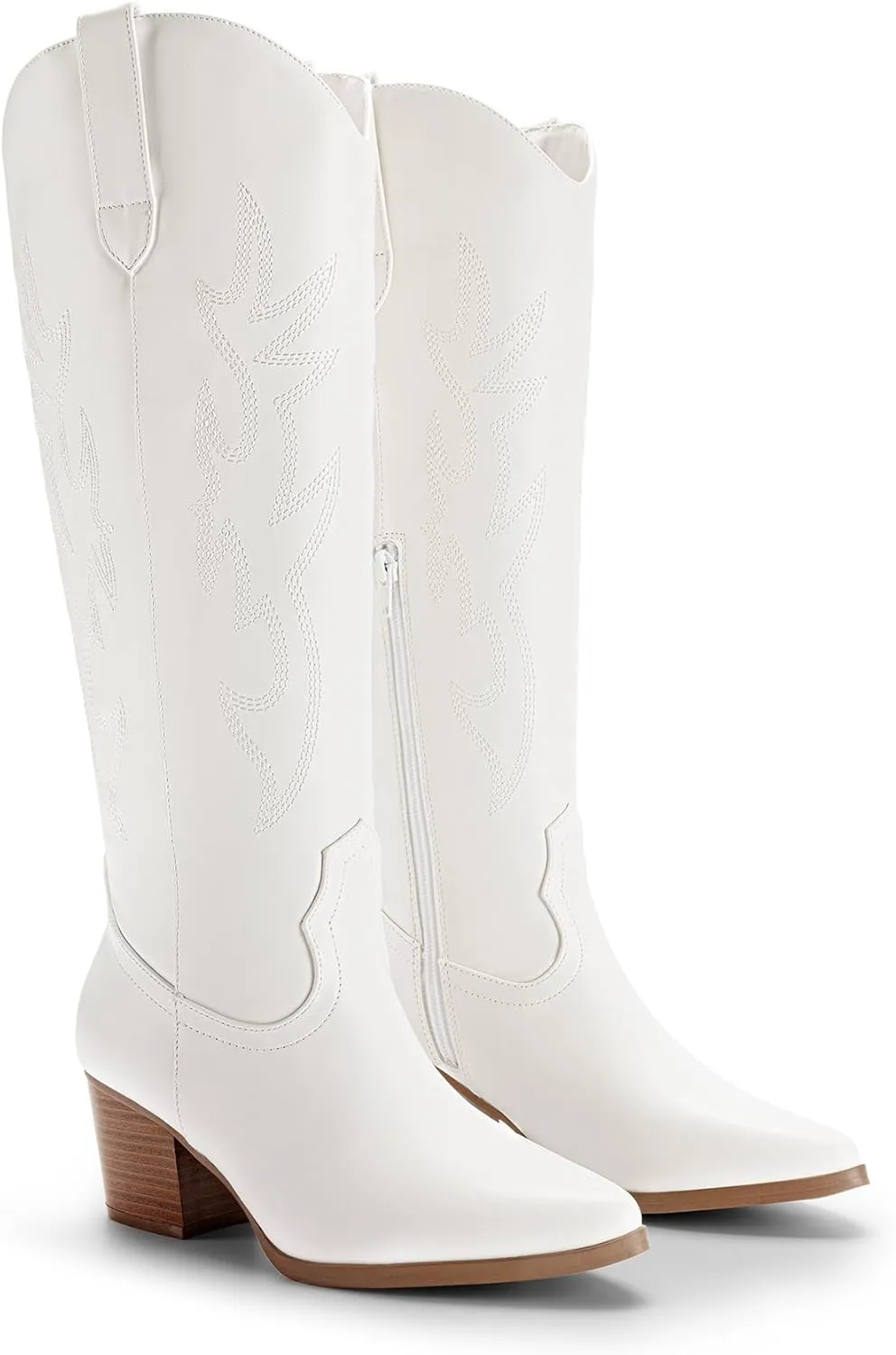 DREAM PAIRS Cowboy Boots for Women Cowgirl Knee High Boots Comfortable Pull On Zipper Chunky Heel Pointed Toe Embroidered Western Boots