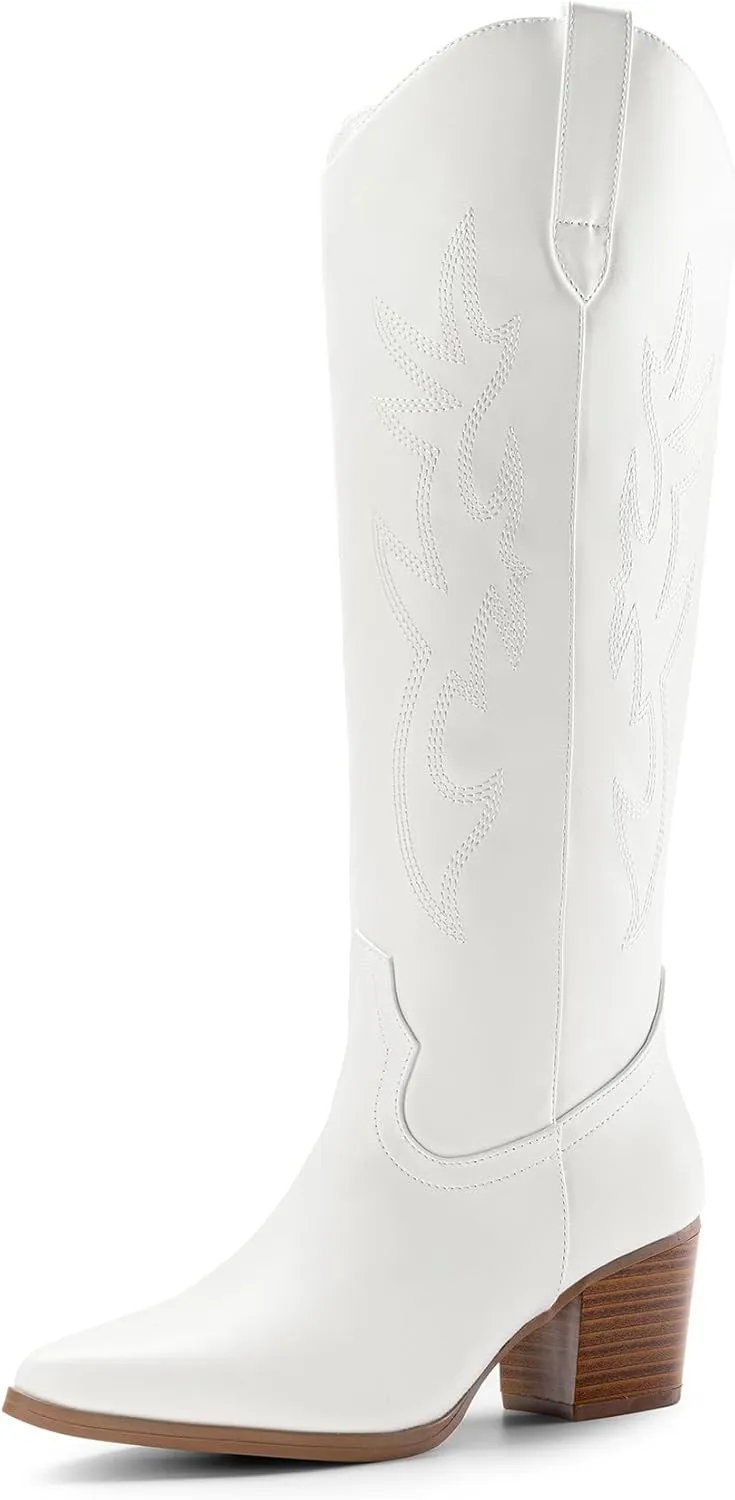 DREAM PAIRS Cowboy Boots for Women Cowgirl Knee High Boots Comfortable Pull On Zipper Chunky Heel Pointed Toe Embroidered Western Boots